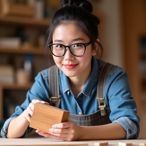 Portrait of Sarah Chen, a dynamic young woodworker with safety glasses on, working on a complex cutting board design.