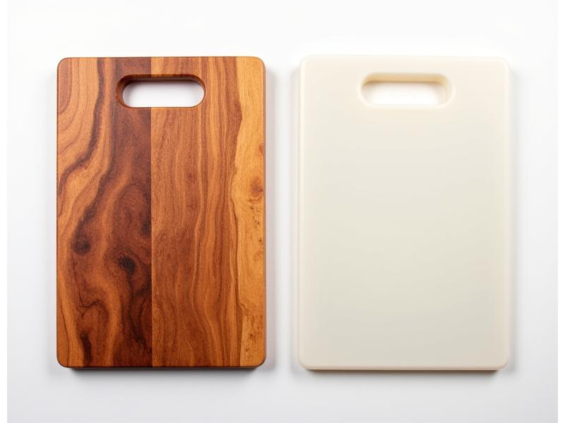 A handcrafted wooden cutting board showcasing intricate wood grain and a smooth, polished finish, contrasted with a mass-produced plastic cutting board.