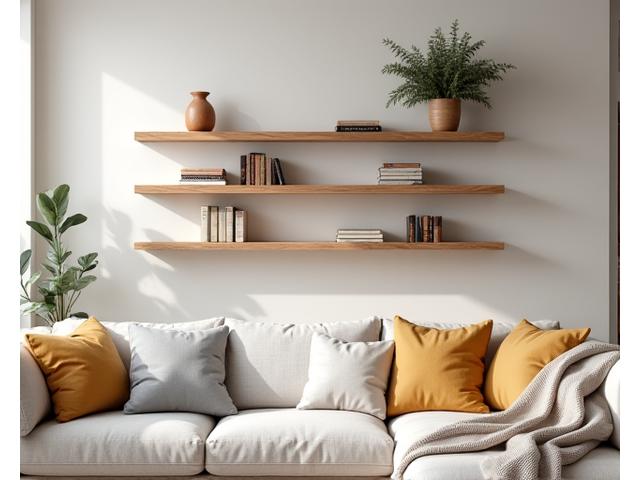 Living room with unique floating wooden shelves holding books and plants