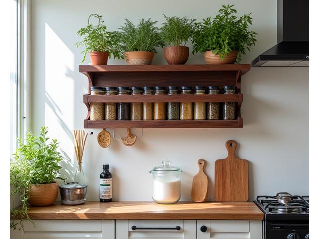 A compact kitchen featuring a sturdy wooden wall organizer holding spices, utensils, and a small herb garden, creating an efficient and charming cooking space.