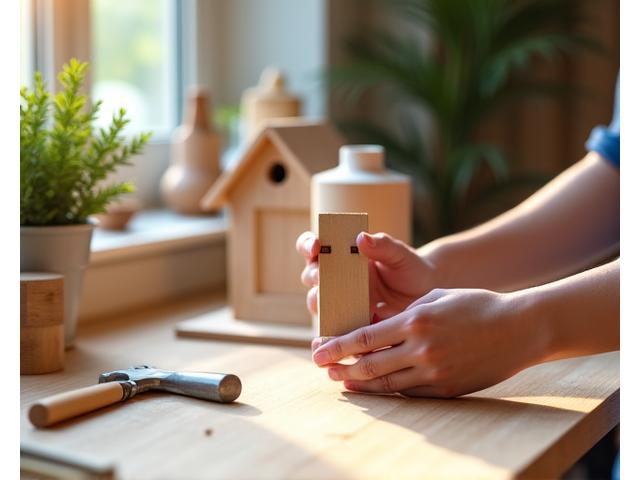 A DIY enthusiast happily assembling a simple wooden birdhouse on a clean workbench, surrounded by basic woodworking tools and instructions.