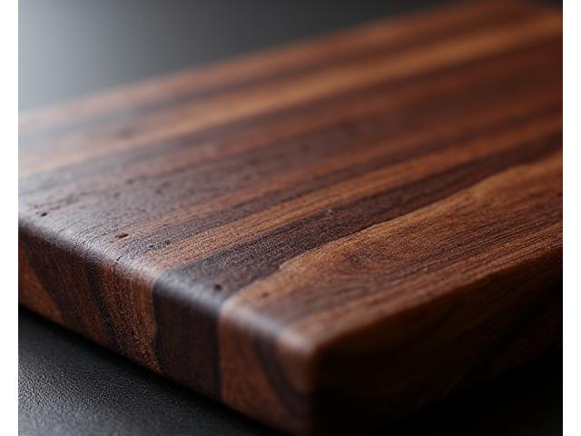 Dark walnut cutting board with rich, swirling grain patterns, reflecting warm light.
