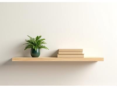 Minimalist floating shelf made from light maple wood, styled with small plants and books.